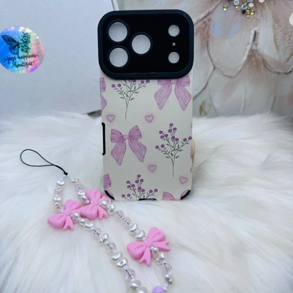 Chic Pink Bow iPhone 17 Pro Case with Phone Bow Beaded lanyard